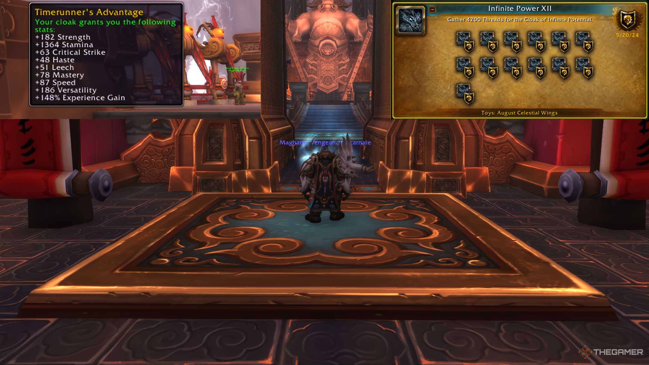 La Capa de Potencial Infinito con estadísticas mejoradas (izquierda) y el logro final (derecha) en World of Warcraft: Mists of Pandaria Remix.