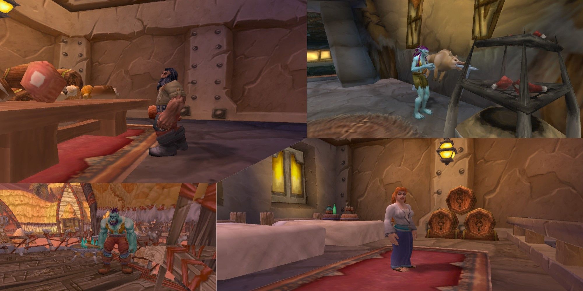 En el sentido de las agujas del reloj desde arriba a la izquierda: Daryl Riknussun, el entrenador de cocina enano de Forjaz;  Zamja, la entrenadora de cocina troll de Orgrimmar;  Nissa Firestone, la entrenadora enana de primeros auxilios de Ironforge;  y Arnok, el entrenador orco de primeros auxilios de Orgrimmar.