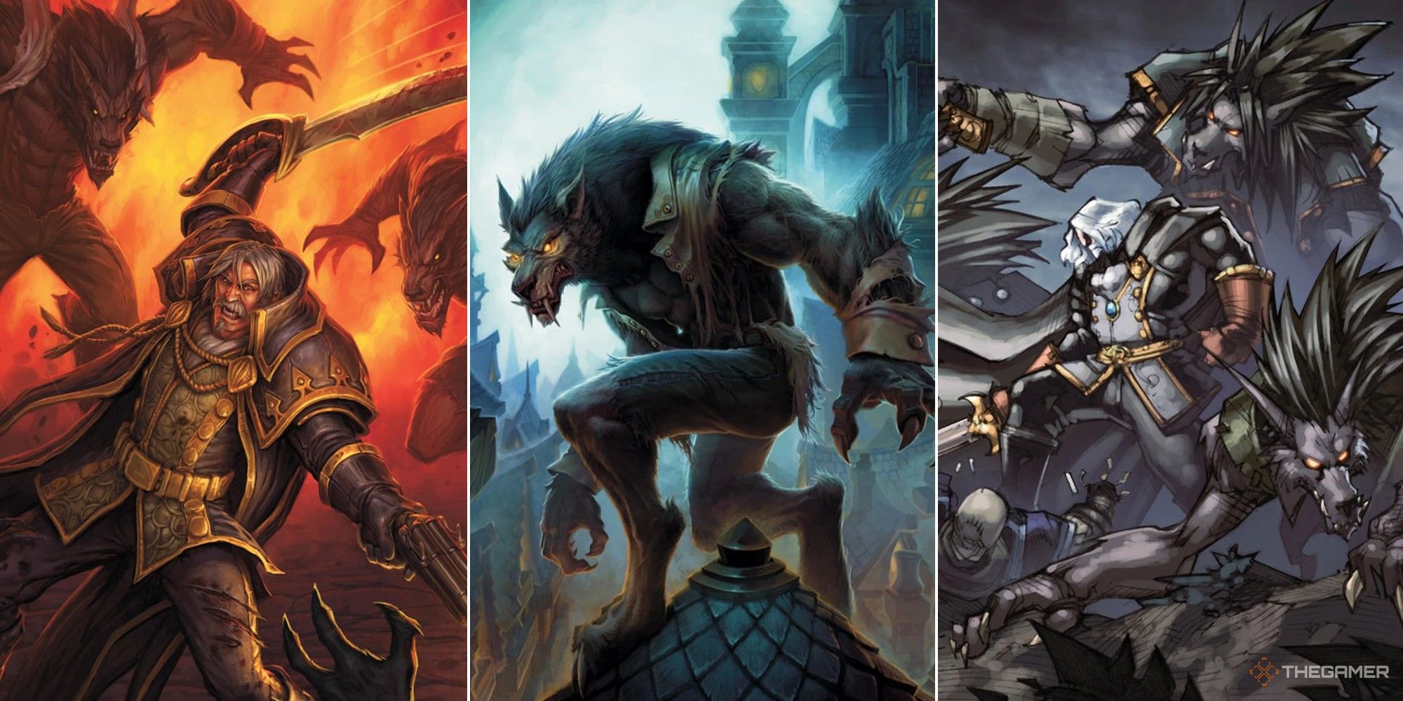 Collage de World of Warcraft que muestra a Melena Gris luchando contra huargen, un huargen en un tejado y Melena Gris luchando junto a huargen.