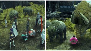 Split image screenshots of the party with baby Armu and the special Ardun in Xenoblade Chronicles 3.