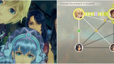 Split image of the Xenoblade Chronicles party and gift menu.