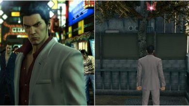 Kiryu on the left looking at the camera, while looking at a card on a tree on the right.