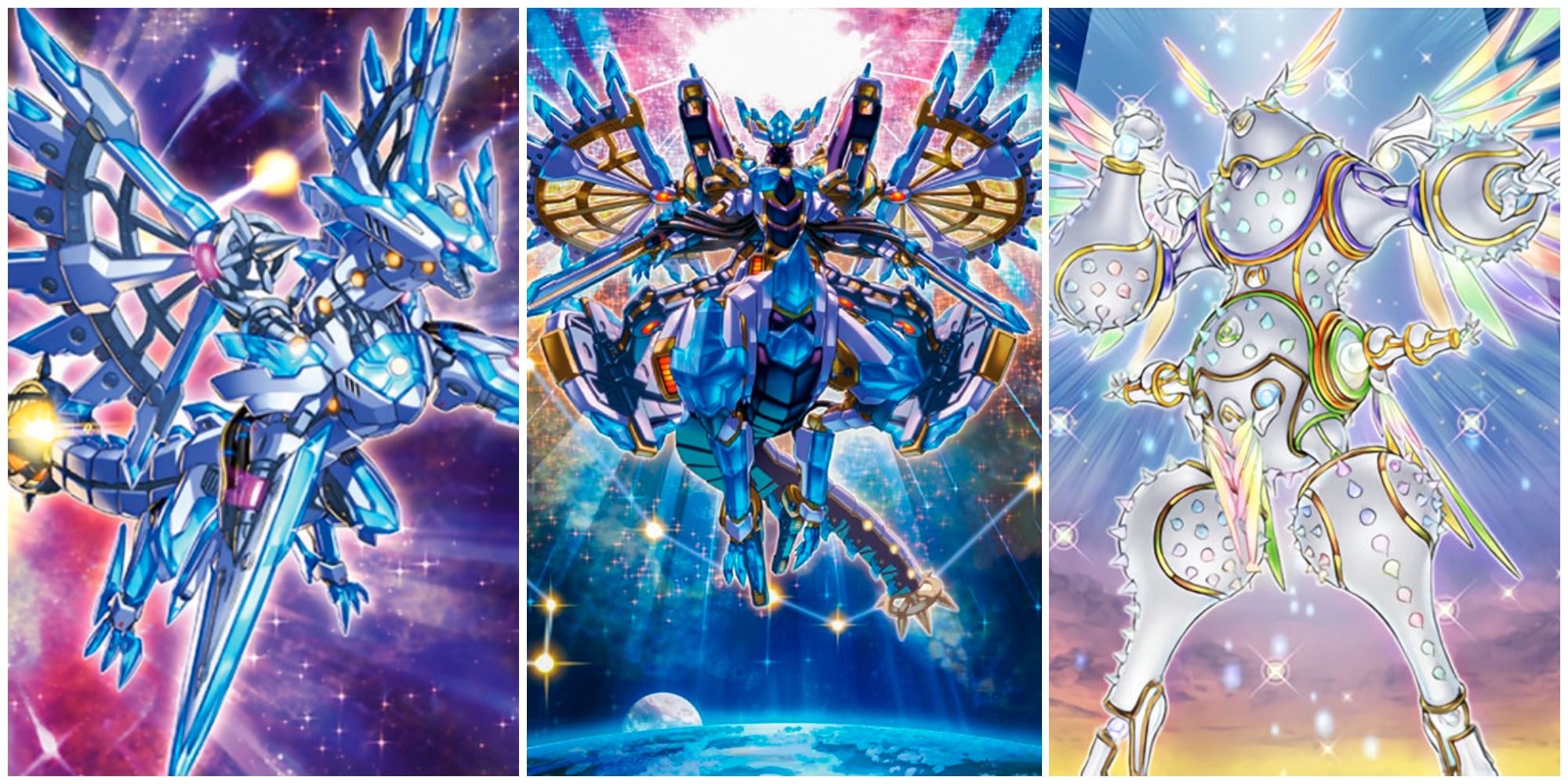 Split image showing card arts for Drytron Alpha Thuban, Meteonis Drytron, and Herald of Ultimateness