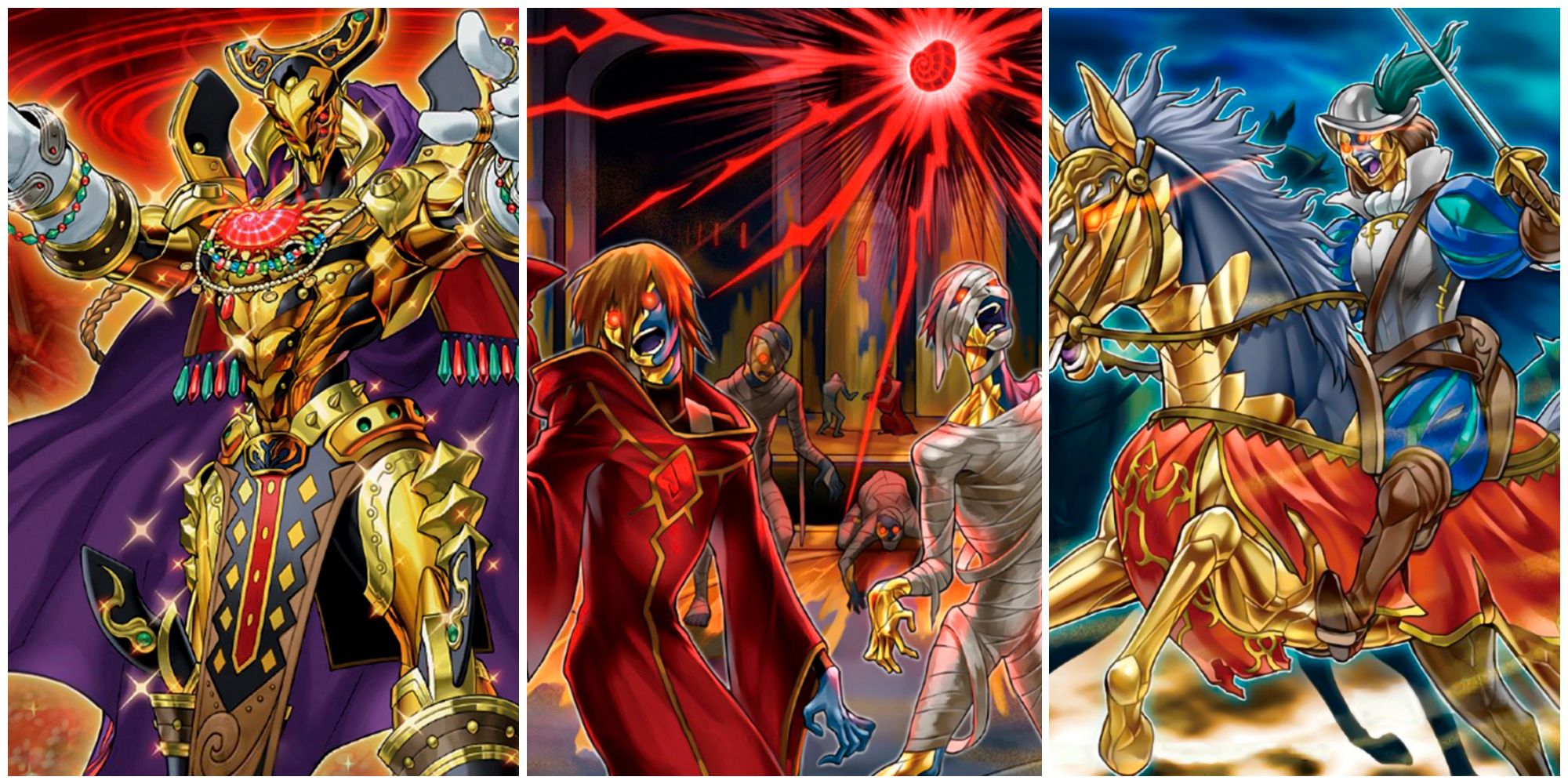 Split feature image featuring card arts for Eldlich the Golden Lord, Eldlixir of Scarlet Sanguine, and Conquistador of the Golden Land