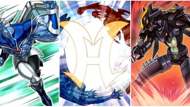 Yu-Gi-Oh split feature image featuring card arts of Elemental Hero Stratos, Miracle Fusion, and Masked Hero Dark Law