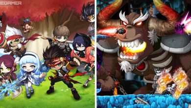 split image showing classes of characters in front of maple tree, next to image of player fighting a boss