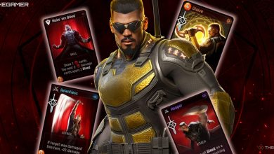 Blade, in his Midnight Suns uniform, stands against a mystical red background surrounded by glowing cards.