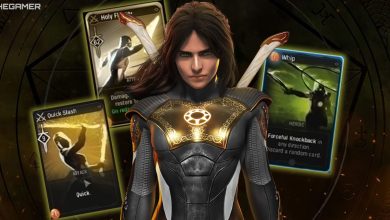 The Hunter stands in front of several cards from their deck against a mythical witchy background. Marvel's Midnight Suns.