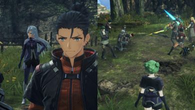 A collage of Nikol, A, Matthew, and Panacea watching over two groups of fighters in Xenoblade Chronicles 3: Future Redeemed.