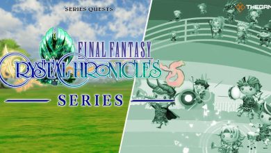 Final Fantasy characters traverse toward the FF: Crystal Chronicles logo in Theatrhythm: Final Bar Line.