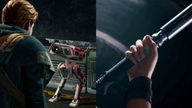 Star Wars Jedi Fallen Order How Long To Beat Featured Split Image Featuring Cal talking to BD-1 and shot of his lightsaber