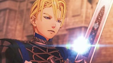 Dimitri holds sword glinting in the sunlight