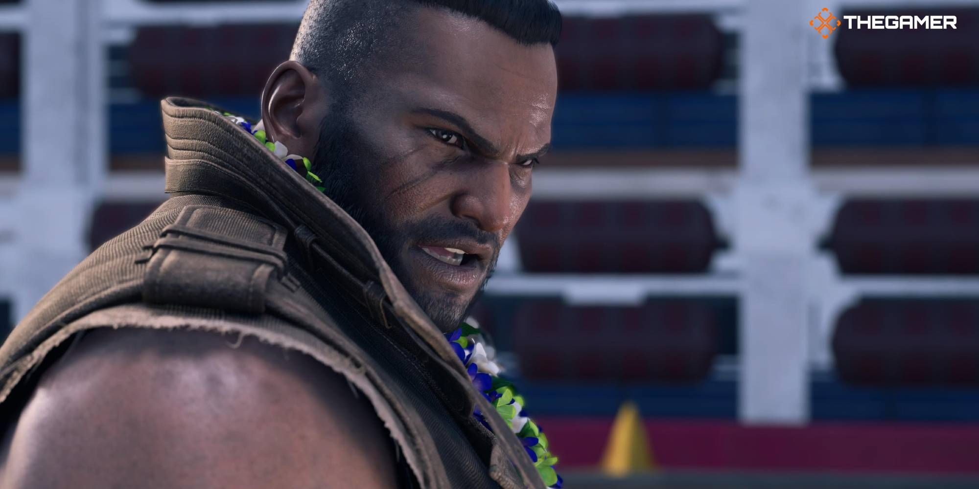 Imagen destacada de Final Fantasy 7 Rebirth de Barret Wallace con un collar en la Costa del Sol