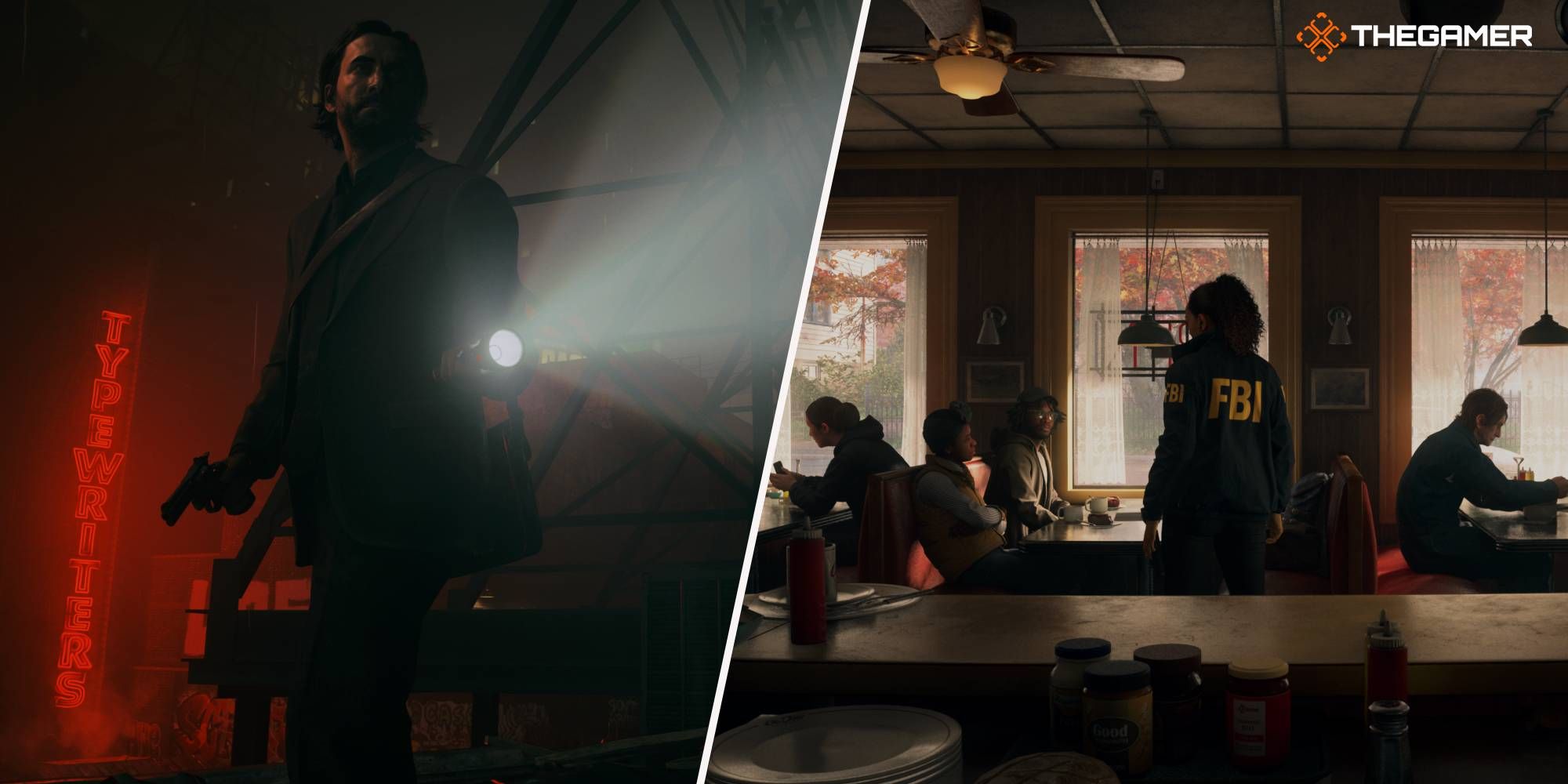 A la izquierda, Alan está entre las sombras sosteniendo una linterna.  A la derecha, un agente del FBI habla con la gente en un restaurante.