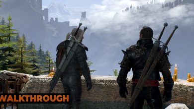 Geralt and Lambert stand at a cliff, looking over Kaer Morhen during the day.