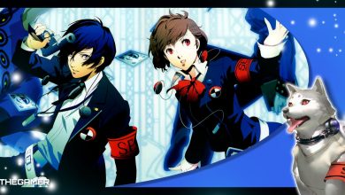the male and female protagonists from persona 3 portable against a blue stripe backdrop
